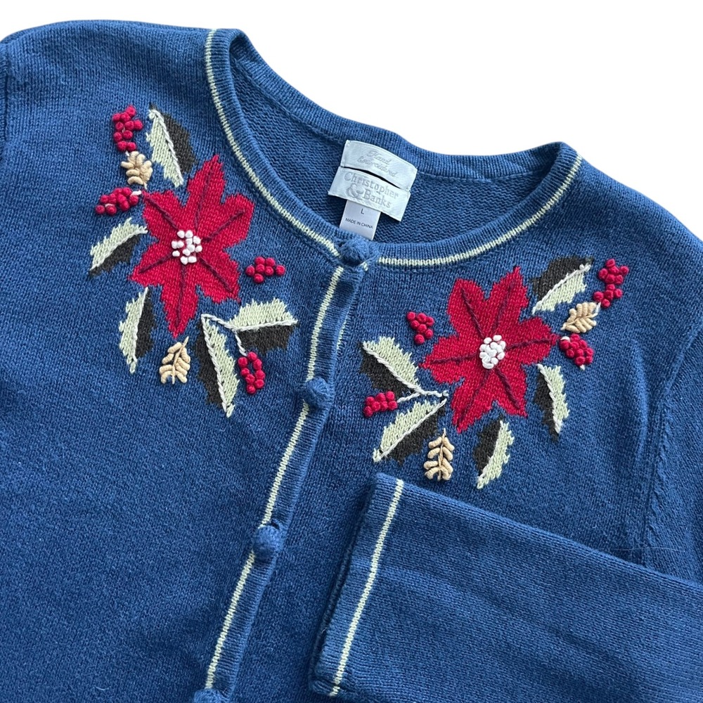Christopher Banks Womens L Blue Poinsettia Hand Embroidered Cardigan Sweater VTG
